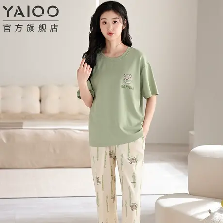 雅鹿纯棉睡衣女2025夏季短袖长裤薄款休闲家居服套装带胸垫可外穿商品大图