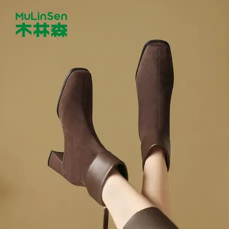 木林森女鞋2025新款秋季粗跟百搭瘦瘦靴气质中筒靴女士方头时装靴图片