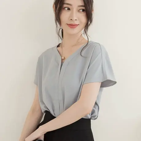 桔熊夏季温柔ol气质小衫V领短袖纯色修身上衣女胖妹妹大码AB18682商品大图