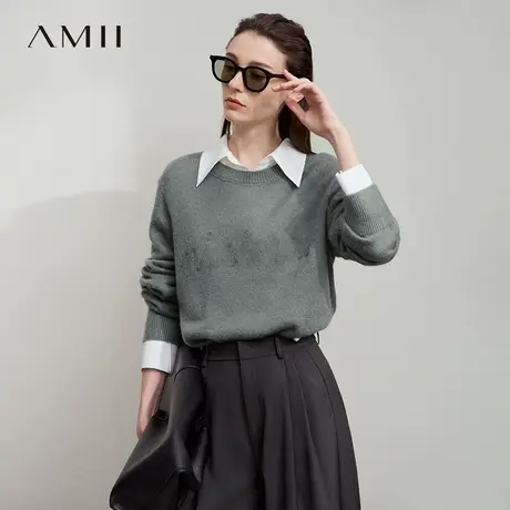 Amii2025秋新款极简马海毛绵羊毛宽松套头弹力字母绣花薄款毛衣商品大图