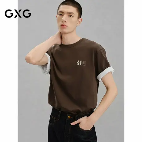 【X】GXG男装咖色后背图案通勤短袖T恤24冬品G24X444141商品大图