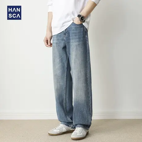 hansca直筒牛仔裤男2025新款秋季痞帅阔腿宽松复古蓝色纯棉长裤商品大图