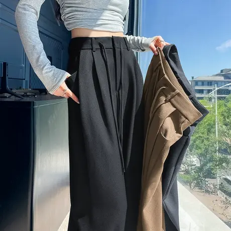 黑色抽绳高腰西装阔腿裤女新款高腰百搭显瘦直筒宽松休闲拖地裤子商品大图