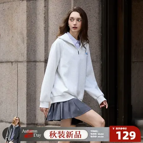 唐狮2025秋季卫衣女翻领套头半开襟浅灰色休闲外套时尚百搭宽松图片