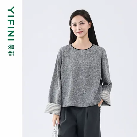 Yifini/易菲2025秋季新款国风圆领气质时尚套头衫宽松短款小衫女商品大图
