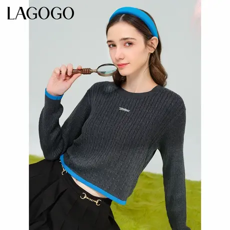 LAGOGO深灰色修身短款针织衫拉谷谷春秋格雷系穿搭套头针织上衣女商品大图