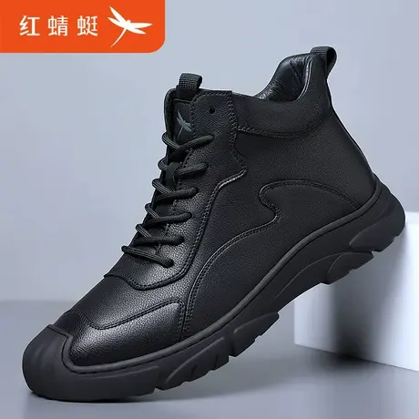 红蜻蜓男鞋真皮冬季增高皮鞋男士牛皮登山鞋加绒中老年高帮休闲鞋商品大图