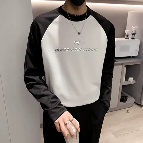 秋季撞色设计圆领长袖T恤男宽松潮牌个性秋款运动休闲卫衣打底衫商品大图