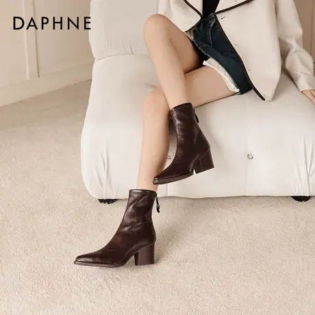 达芙妮高跟短靴女2026新款冬季法式尖头马丁靴粗跟瘦瘦靴切尔西靴图片