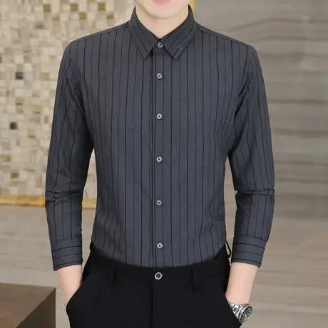 春秋季韩版修身休闲条纹衬衫男士百搭商务职业工作装灰色衬衣新款商品大图