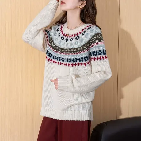 唐狮秋冬新款女毛衣氛围感费尔岛花纹圆领套头时尚内搭针织衫TM图片