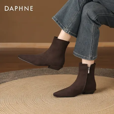 达芙妮尖头粗跟短靴女2025新款秋冬复古棕色绒面侧拉链平底瘦瘦靴商品大图