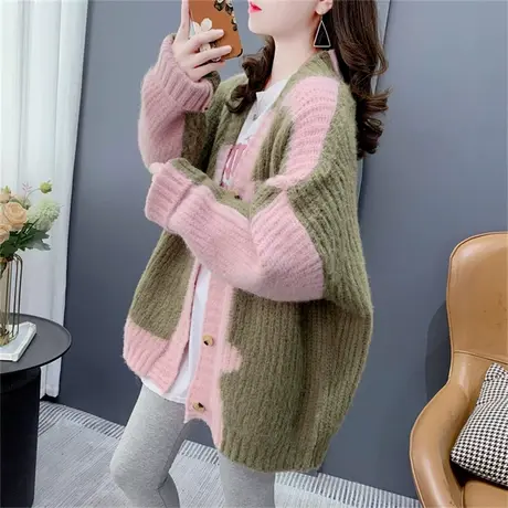 宽松慵懒风撞色V领毛衣开衫女秋冬2023新款宽松加厚针织外套上衣图片