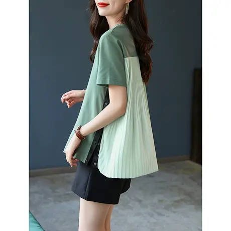 宝诗黎圆领雪纺拼接短袖T恤2023年夏季新款时尚设计感小众上衣女商品大图