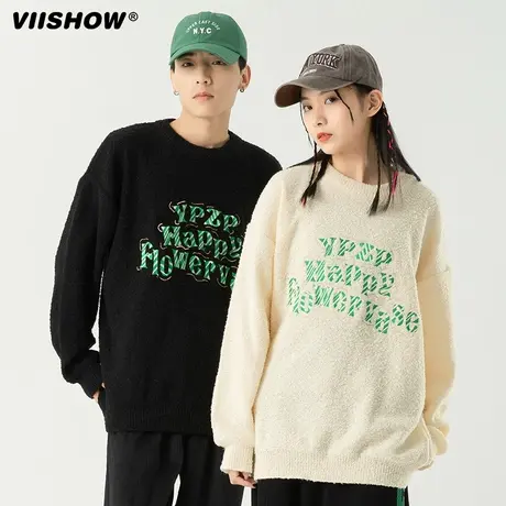 VIISHOW圆领毛绒针织衫2023秋冬潮牌宽松oversize休闲套头毛衣男商品大图
