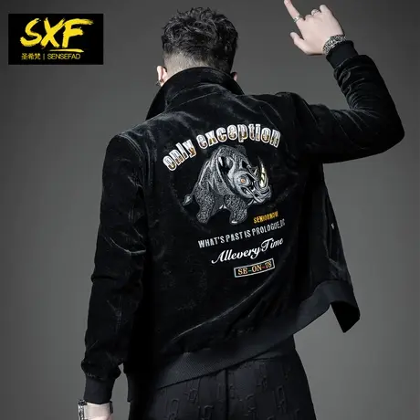 SXF圣希梵丝绒夹克外套男 2021秋季新款潮牌休闲翻领刺绣上衣男装图片