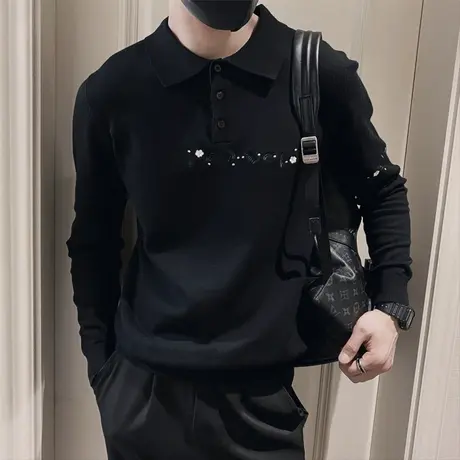 2023潮牌高级感刺绣提花POLO衫线衣男秋冬修身休闲内搭毛衣针织衫商品大图