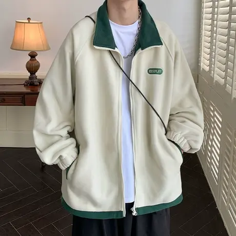 刺绣开衫外套男春秋季潮牌宽松摇粒绒夹克男美式休闲青少年上衣服商品大图