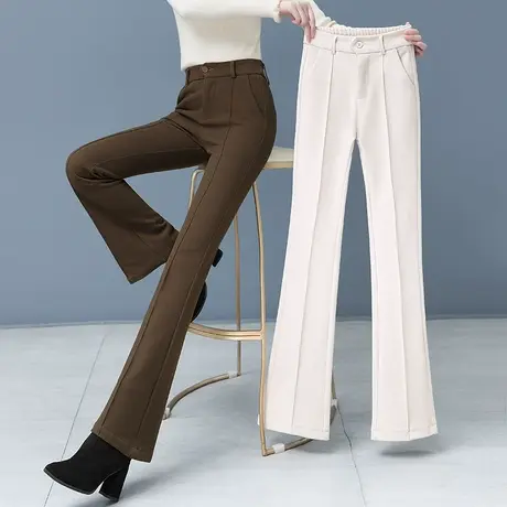 咖色高端毛呢美式微喇裤女2023秋冬新款修身显瘦加厚美拉德喇叭裤图片