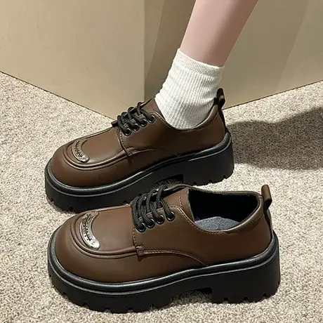 时尚乐福鞋女款2023秋季新款英伦风厚底增高百搭休闲系带小皮鞋商品大图