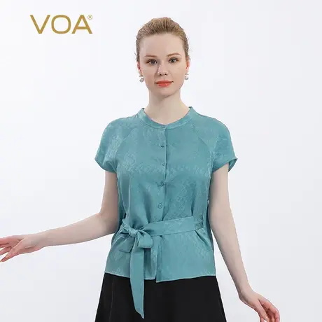 VOA桑蚕丝暗纹椰蓝提花立领短袖单排扣多用腰带宽松开衫百搭衬衣图片