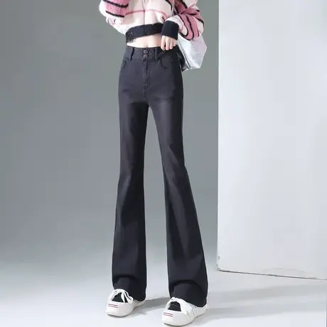 唐狮23秋冬季新款牛仔裤女高腰显瘦微喇叭裤黑色裤子潮流百搭W商品大图