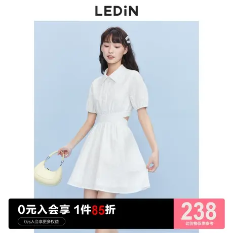 乐町腰部镂空连衣裙休闲春夏新款女装肌理印花漏腰设计小白裙图片