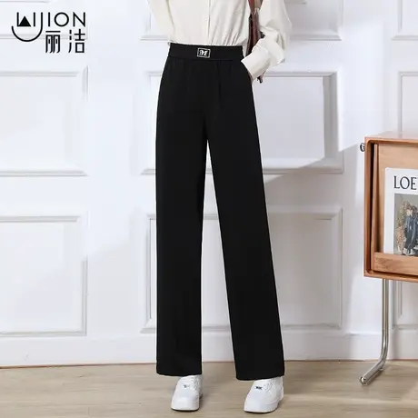 丽洁阔腿裤女高腰直筒裤垂感休闲裤黑色裤子松紧腰宽松长裤夏薄款商品大图