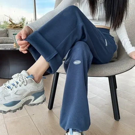 蓝色阔腿裤女运动裤春秋季直筒宽松束脚裤子新款两穿垂感休闲卫裤图片