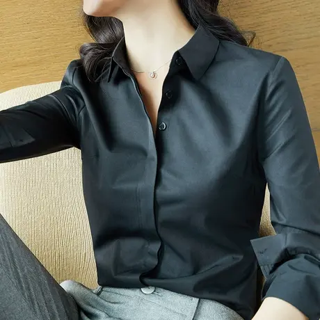 雀后2023春装新款气质黑色衬衫工作服工作服正装棉长袖职业白衬衣商品大图