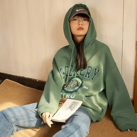 omont蛋挞家 复古印花连帽卫衣女宽松加绒oversize上衣外套春秋季商品大图