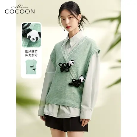 竹意熊趣|miss cocoon绿色针织马甲背心女2023新款春宽松国风上衣图片