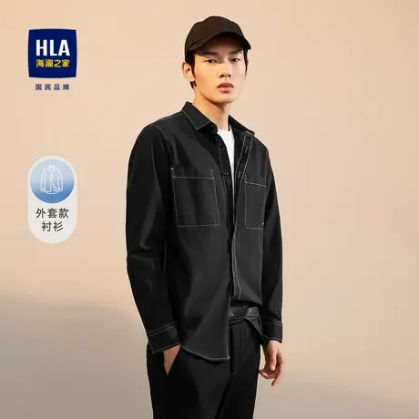 HLA/海澜之家黑色棉质长袖休闲衬衫秋季外套款柔软透气亲肤衬衣男商品大图