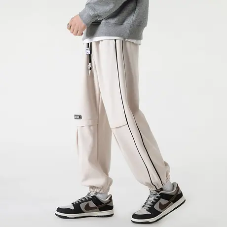 休闲裤子男春秋季新款条纹拼接束脚九分裤男士潮牌宽松阔腿卫裤商品大图