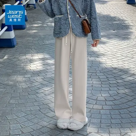 真维斯加绒阔腿裤女2022秋冬新款显瘦垂感休闲裤爱心腰绳长裤商品大图