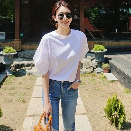 纯诗曼灯笼袖圆领纯棉短袖衬衫T恤韩版宽松大码女2019夏季新款女图片