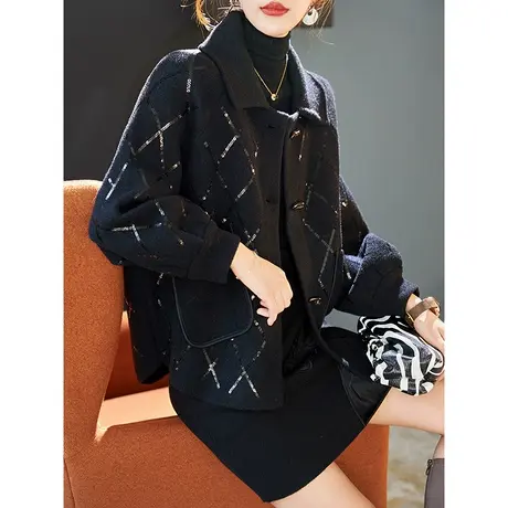 宝诗黎翻领亮片羊毛针织开衫宽松牛角扣春季外套女上衣2024年新款商品大图