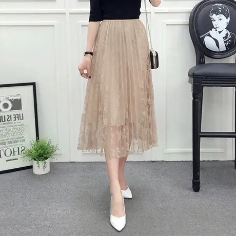 网纱裙百褶裙半身裙中长款2024春夏新款女韩版高腰A字裙蕾丝8199x图片