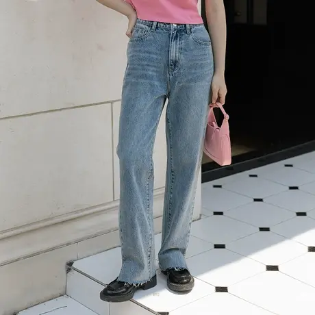 omont蛋挞家 复古毛边开叉显瘦牛仔裤女2022年新款高腰宽松直筒裤商品大图
