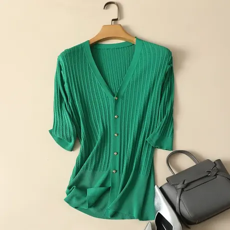 冰丝针织开衫女中袖春夏2024年新款圆领宽松显瘦薄款打底衫女上衣图片