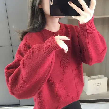 圆领针织衫女士秋冬季2023新款外穿红色毛衣套头宽松慵懒风上衣图片