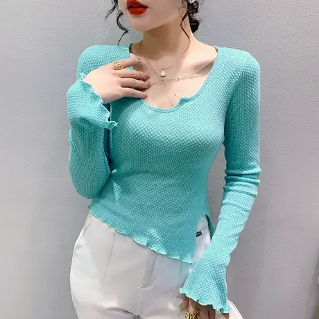 设计感开叉长袖T恤女2024春秋新款高腰短款小衫洋气不规则上衣ins图片