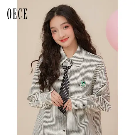 Oece早春新款上衣女年新款复古帅气衬衣个性条纹衬衫图片
