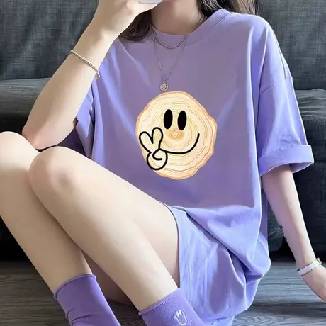 香芋紫t恤女短袖2023夏季正肩宽松大版纯棉中长款体恤笑脸上衣ins商品大图