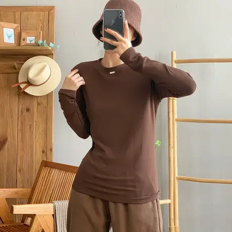 dza 复古纯色高弹棉质长袖T恤女秋冬内搭打底衫宽松显瘦休闲上衣商品大图