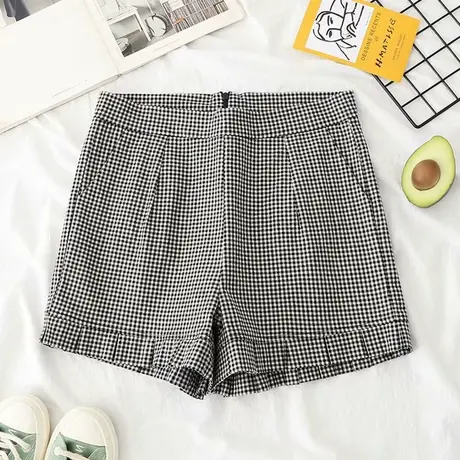 2020夏季新款日系文艺小清新黑白格子短裤女学生宽松显瘦休闲裤子商品大图