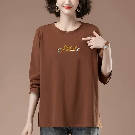 中年妈妈长袖t恤女春秋季新款加大码宽松纯棉刺绣遮肚显瘦打底衫图片