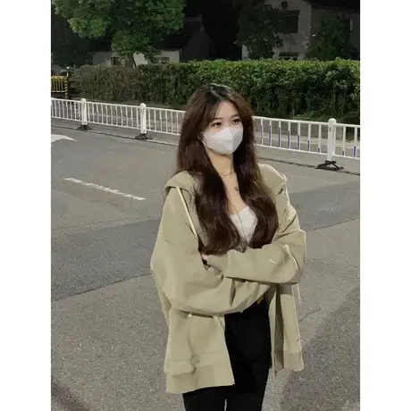 oversize卫衣女秋冬季小个子上衣宽松慵懒风连帽加绒加厚开衫外套商品大图