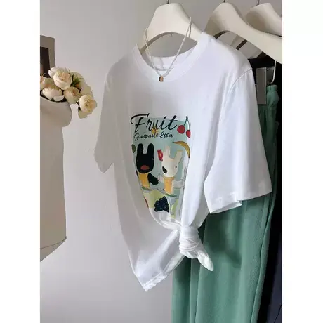 趣味卡通 两只小兔子印花柔软亲肤棉圆领百搭显瘦短袖tee 上衣夏图片