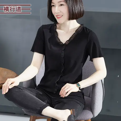 V领短袖2025新款纯色简约宽松T恤半袖黑色花边蕾丝打底衫女衣洋气图片